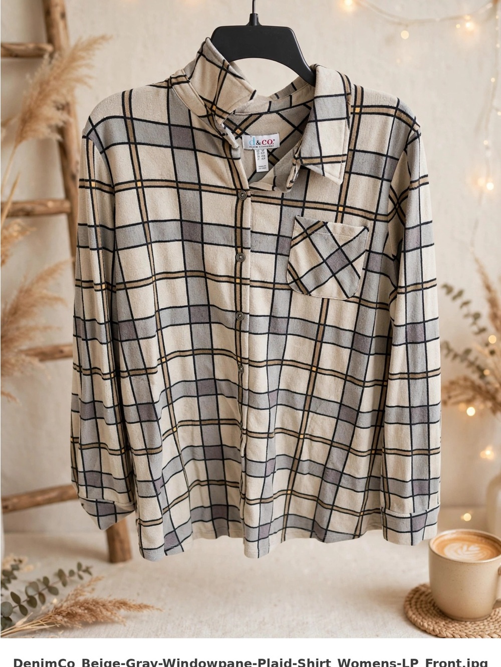 Denim&Co Beige Plaid Button-Front Shirt